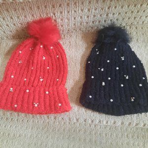 NWOT BP Rib Knit Beaded Beanie with Faux Fur Pom Pom - One size